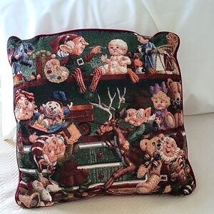 Tapestry Elves Making Toys Christmas Pillow